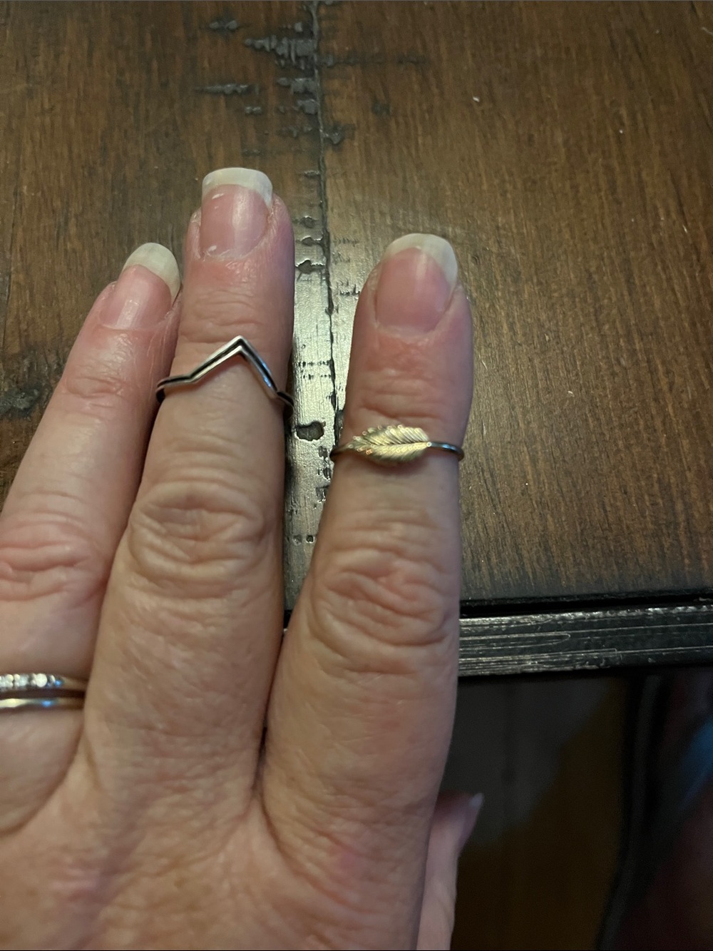 Delicate Silver Chevron & Gold Leaf Stackable Rings size 6. 1868